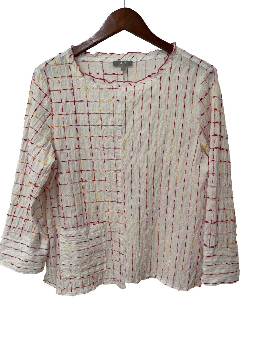 Habitat Women’s Small White Crinkle Plaid Stripe Long Sleeve Art Top